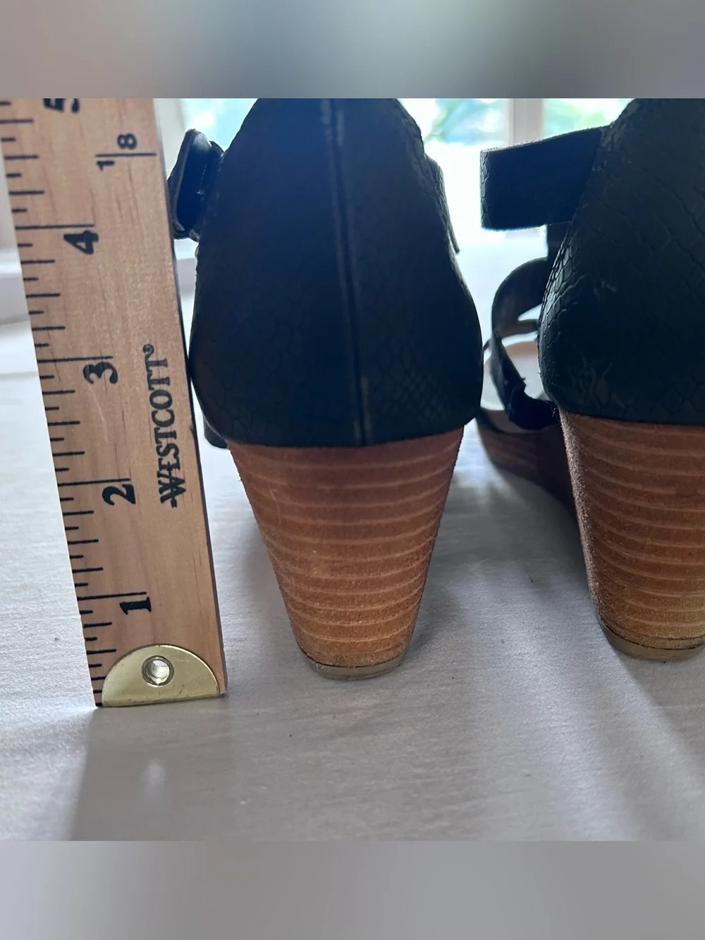 Dr. Scholl's Black Textured Strappy Wedge Sandals with Wood-Tone Heel